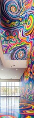 Obraz premium Vibrant mural with swirling patterns and colors on interior walls of a modern building lobby, creating a dynamic visual experience.