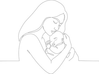 Minimalist One Line Drawing of Mother Holding Newborn Child Illustration