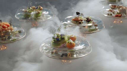 Naklejka premium Close up of assorted appetizers on clear plates surrounded by white smoke or fog effect on display