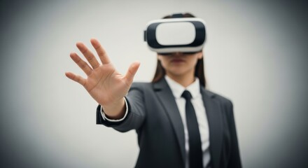 Asian female adult in suit using virtual reality headset with outstretched hand gesture
