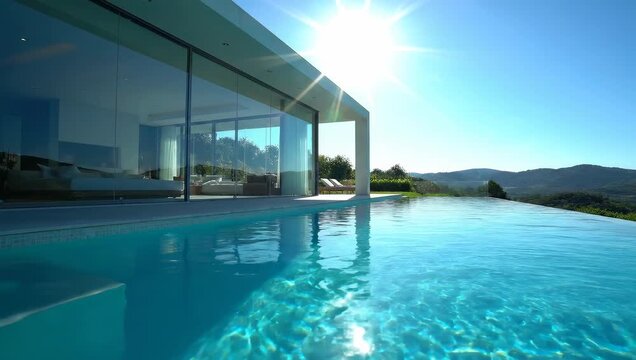 Daylight cinematic villa with infinity pool and mountains in the horizon reflection.