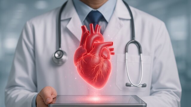 Healthcare and Medical: An medical professional, radiating trust and knowledge, meticulously presenting a radiant, glowing representation of the human heart. A symbolic portrayal of compassion.