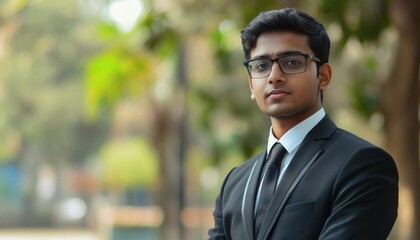 The image shows a young man wearing a black suit, white shirt, and dark tie, and glasses; he is standing outdoors with a blurred background of green foliage.
