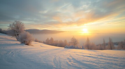 Golden sunrise over a snow covered mountain and forest landscape