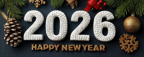 Festive 2026 New Year decoration with golden ornaments and pine elements