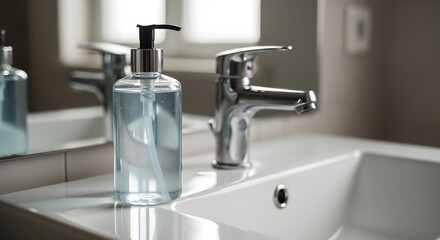 A clear liquid soap dispenser sits next to a chrome faucet on a white ceramic sink, reflecting in a mirror.
