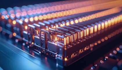 Industrial heating element array with metallic orange glow, photographed in detailed close-up, modern engineering system aesthetic captured in artistic composition with technical charm.