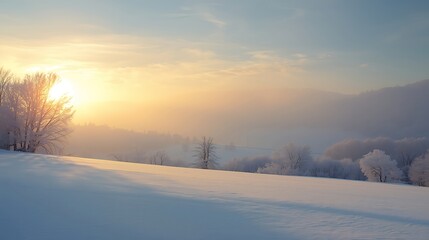 Golden sunrise over a snow covered mountain and forest landscape