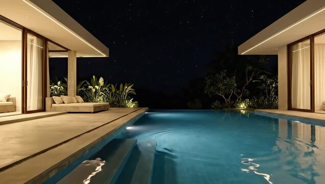 Night cinematic villa with infinity pool glowing under minimal ambient light.