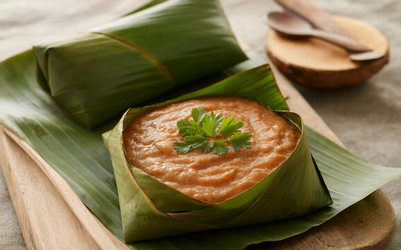 Chontahuane is a puree of chonta, palma and pacha (fish), wrapped in banana leaves.