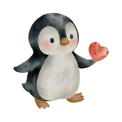 Watercolor illustration of a cute penguin with red heart. Perfect for Valentine’s Day greeting card, posters, nursery design, stickers.