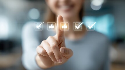 Professional Hand Interacts with Floating Digital Checkboxes and Thumbs Icons in a Modern Workflow Ui