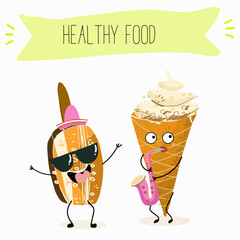 Tasty ice creams, ice-cream cones and popsicle, funny characters, hand drawn vector illustration.
