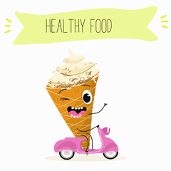 Tasty ice creams, ice-cream cones and popsicle, funny characters, hand drawn vector illustration.