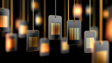 Hanging price tags with barcodes illuminated by soft glowing lights, creating a festive atmosphere for Black Friday shopping events