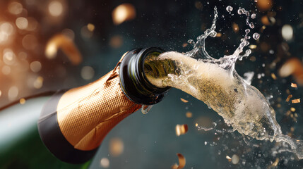 Champagne bottle is popping with sparkling liquid and bubbles, creating a festive atmosphere with golden confetti in the background for celebration
