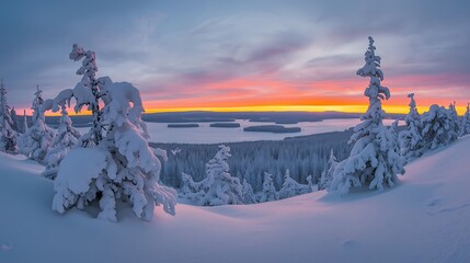 Winter sunset over snow covered forest and valley