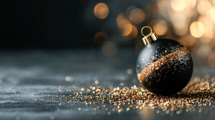Black Christmas ornament with golden glitter and sparkles, resting on a textured surface, creating a festive and elegant holiday atmosphere