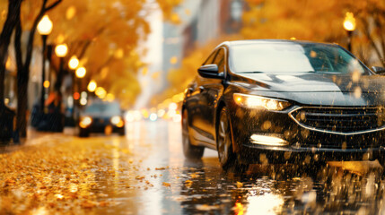 Black sedan driving through a rainy street adorned with autumn leaves, illuminated by streetlights creating a warm, inviting atmosphere