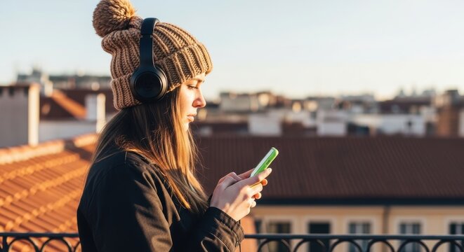 Young caucasian female using smartphone with headphones on rooftop - Powered by Adobe