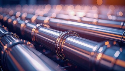 Industrial pipes connected in engineering heating system, metallic structure photographed with artistic detailed composition, modern technical aesthetic emphasizing mechanical atmosphere.