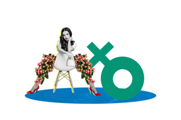 Composite photo collage of happy flirty girl sit chair flowers trousers bloom international march day gender isolated on painted background