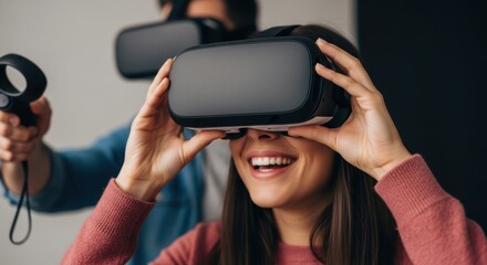 Young adults enjoying virtual reality experience with headsets and controllers