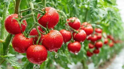 Closeup of a Vibrant Cluster of Ripe Red Tomatoes on a Vine in a Fresh Green Garden Setting