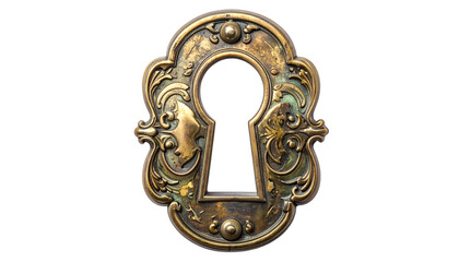 Ornate antique brass keyhole escutcheon with aged patina on black