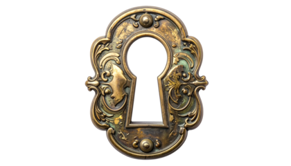 Ornate antique brass keyhole escutcheon with aged patina on black