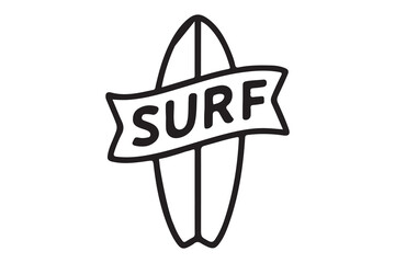 Stylized surfboard with the word surf on a banner isolated on white background
