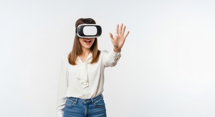 Young caucasian female experiencing virtual reality with vr headset and gesture