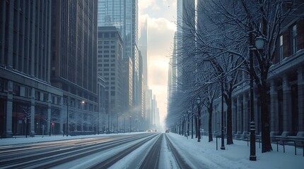 Snowy City Street Scene Skyscrapers and Winter Weather