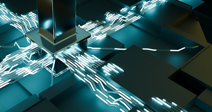 Hub de circuitos 3D com luz ciano &mdash; tecnologia e dados