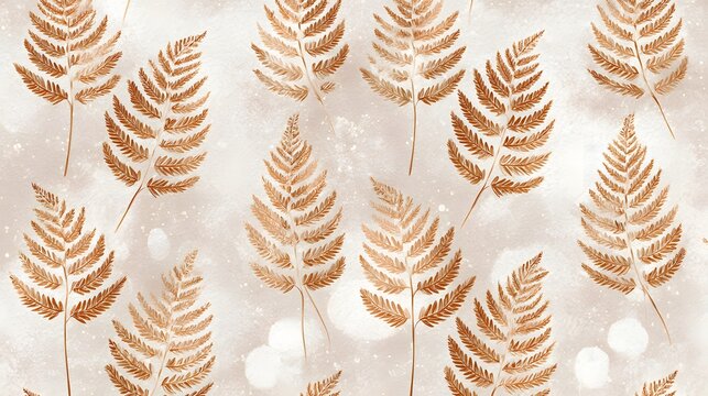 Delicate watercolor illustration showcasing a seamless pattern of golden fern leaves against a softly blurred, light neutral background.