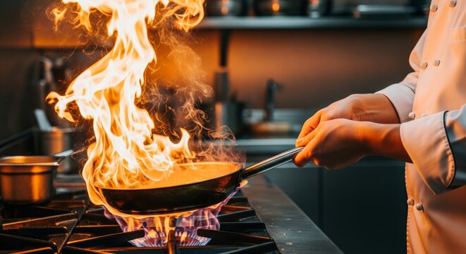 Chef Cooking with Fire on Gas Stove in Professional Kitchen - Powered by Adobe