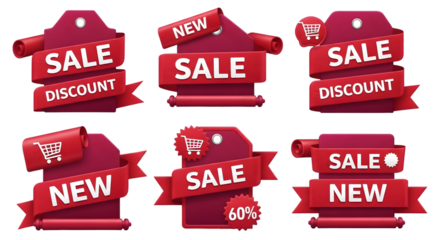 Eyecatching sale tags and discount banners in red for promotional marketing campaigns and seasonal shopping events to attract customers and boost sales