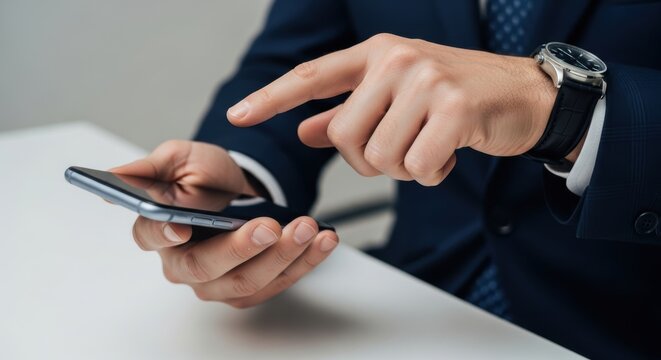 Male adult using smartphone in office suit with stylish watch