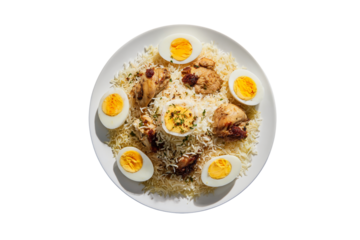 Delicious chicken biryani with boiled eggs isolated on transparent background