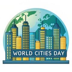 Obraz premium World Cities Day cityscape with globe and buildings