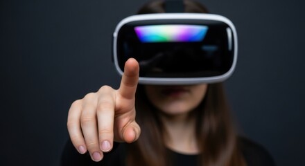 Young caucasian female engages with virtual reality headset in interactive experience