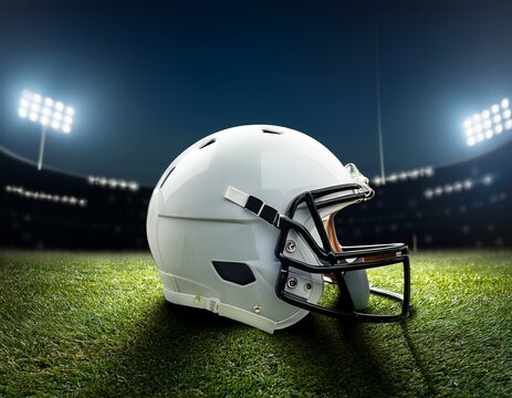 white football helmet on a grassy field at night