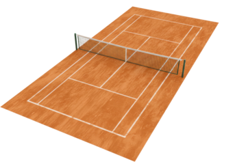 Isolated view of a clay tennis court and net ready for professional sports games