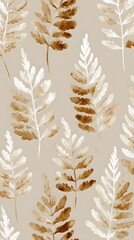 Decorative image displays a repeating pattern of stylized leaf illustrations in shades of brown and white against a neutral beige backdrop, creating a seamless and elegant design ideal for various...