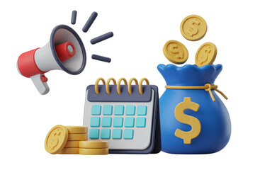 Financial planning concept with megaphone, calendar, falling coins, and money bag, ideal for promotions and business growth