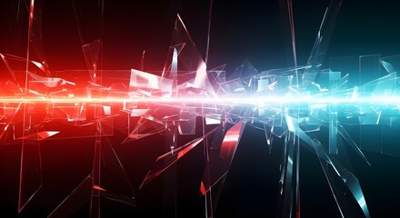 Red and blue glass shards glow with linear light, perfect for a cinematic video background or futuristic digital design.