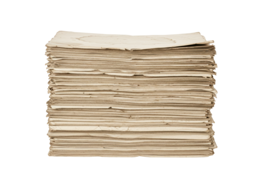 Isolated stack of aged and worn paper documents ready for use, manuscript archive material