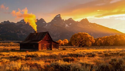 Scenic countryside cabin landscape with glowing sunset mountains, autumn atmosphere emphasized in artistic composition highlighting seasonal harvest charm, rustic aesthetic and enchanting rural mood.