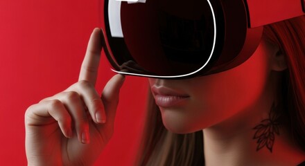 Young caucasian female engages with virtual reality on red background