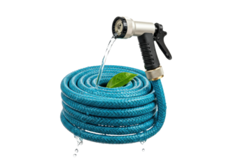 Isolated garden hose coiled with a leaf, a spray nozzle, water flowing in a clean shot